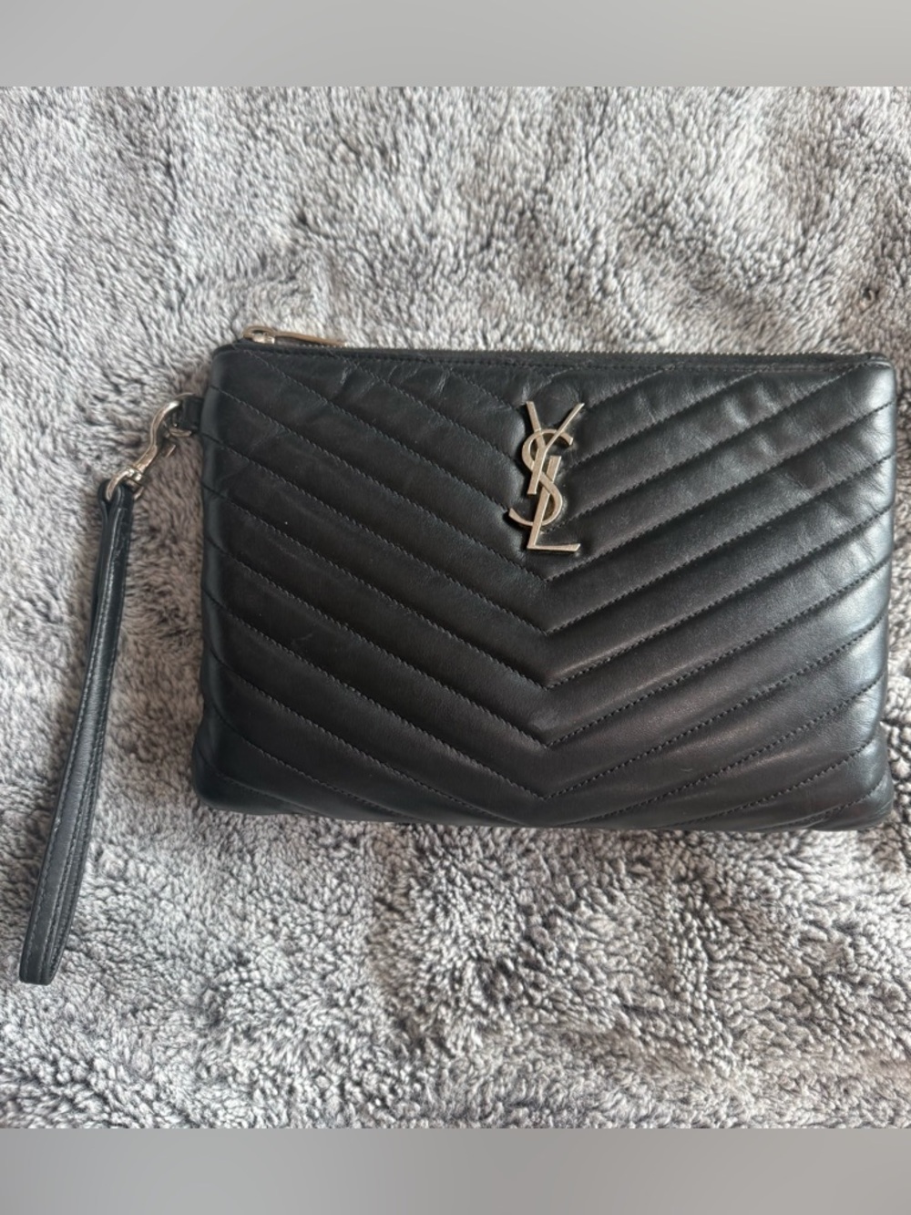 Saint Laurent Black Chevron Quilted Leather Clutch with Silver YSL Logo
